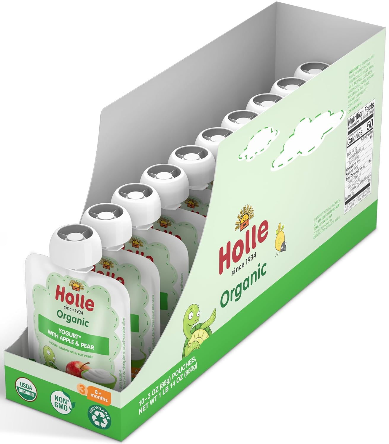 Holle Baby Yogurt Pouches - Organic Yogurt with Apple & Pear Fruit Purée - Drinkable Yogurt Pouches for Kids & Babies 8 Months & Up - (10 Pack) Shelf Stable, Non-Gmo with 0 Sugar Added