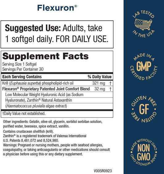 Purity Products Flexuron Joint Formula 3X Better Than Glucosamine and Chondroitin - Starts Working in just 7 Days - Krill Oil, Low Molecular Weight Hyaluronic Acid, Astaxanthin - 30 Count (1)