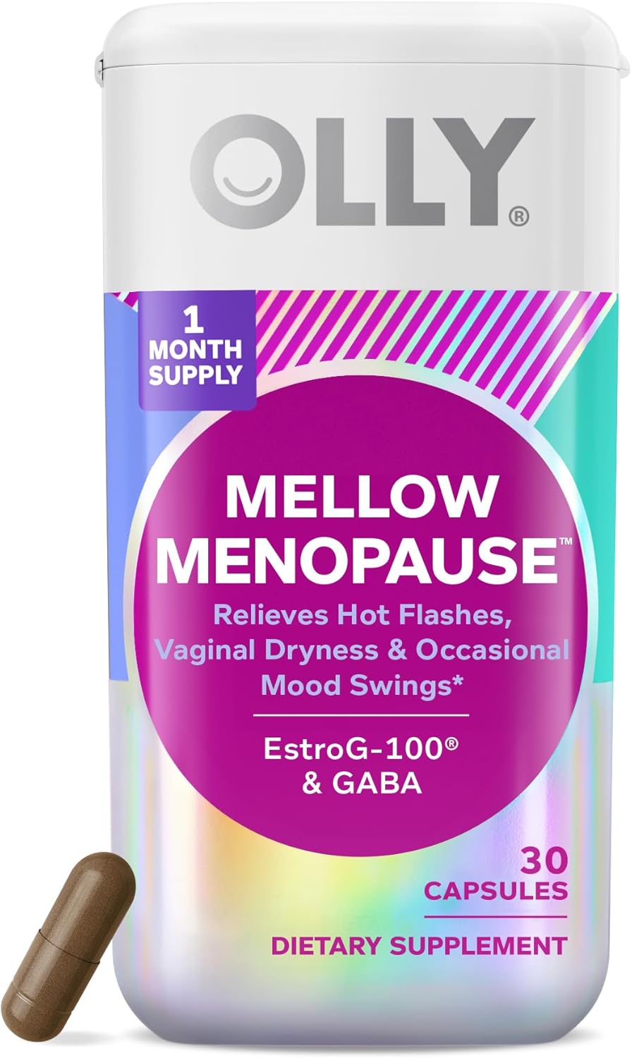 Olly Mellow Menopause Supplements For Women, Relieves Hot Flashes, Vaginal Dryness & Occasional Mood Swings,* Estro-G100®, Gaba, Vegan Capsules, 1 Month Supply - 30 Count