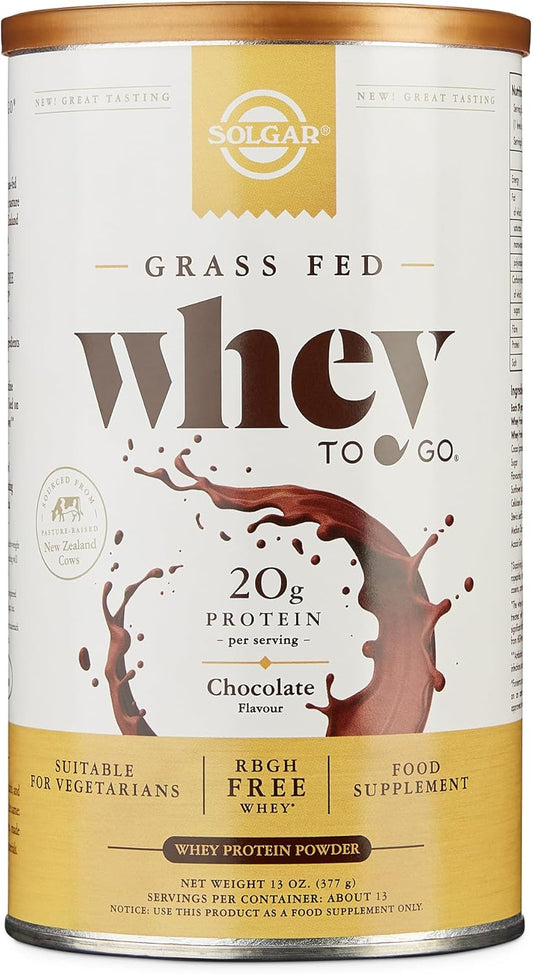 Solgar Grass Fed Whey To Go Protein Powder Chocolate, 13.2 Oz - 20G Of Grass-Fed Protein From New Zealand Cows - Great Tasting & Mixes Easily - Supports Strength & Recovery - Non-Gmo, 13 Servings