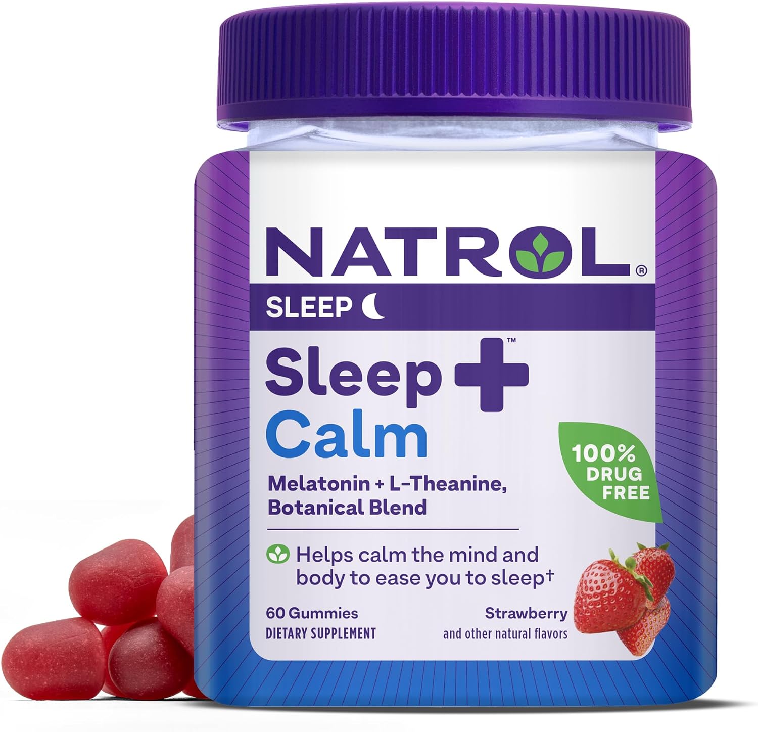 Natrol Sleep+ Calm Melatonin Gummies For Adults, Sleep Gummies, Strawberry Flavor, 60 Gummies, 30 Day Supply