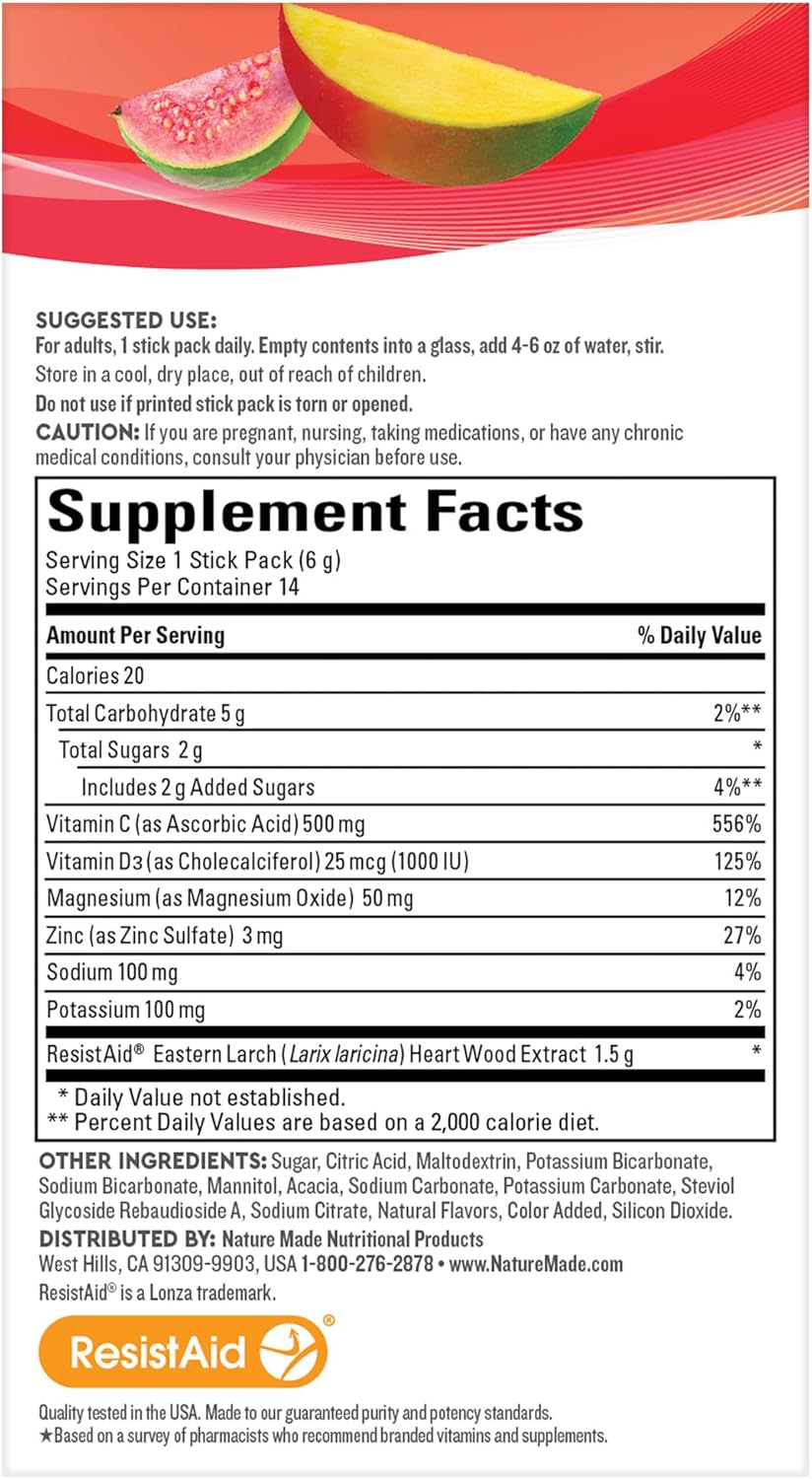 Nature Made Wellblends Active Immune Defense Fizzy Drink Mix, ResistAid, Vitamin C 500mg, Vitamin D 1000 IU, Zinc, and Electrolytes Powder, 14 Stick Packs : Health & Household