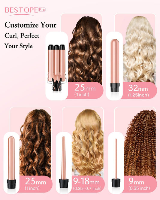 Waver Curling Iron Wand, Bestope Pro 5 In 1 Curling Wand Set With 3 Barrel Hair Crimper For Women, Fast Heating Hair Wand Curler In All Hair Type