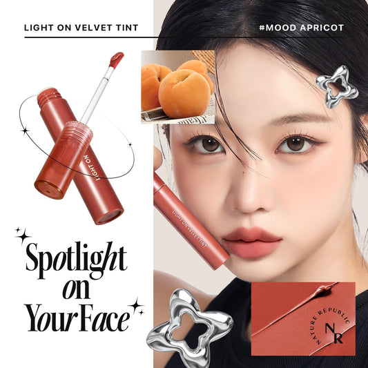 Nature Republic Light On Velvet Tint (04 Mood Apricot),Liquid Lipstick,Lip Tint,Blur Effect,Lip& Cheek,Nude Lip,Soft Creamy Matte Finish Lip, Velvety, Lip Stain, High Pigment, Korean Lip Makeup