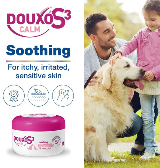 Douxo S3 Calm Pads, Dog Itchy Skin Relief, Dry Skin Dog Solution, Pet Wipes For Cats, For Irritated Sensitive Skin, Dog Feet Wipes, Hypoallergenic Dog & Cat Wipes, Soothes & Hydrates, 30 Pads