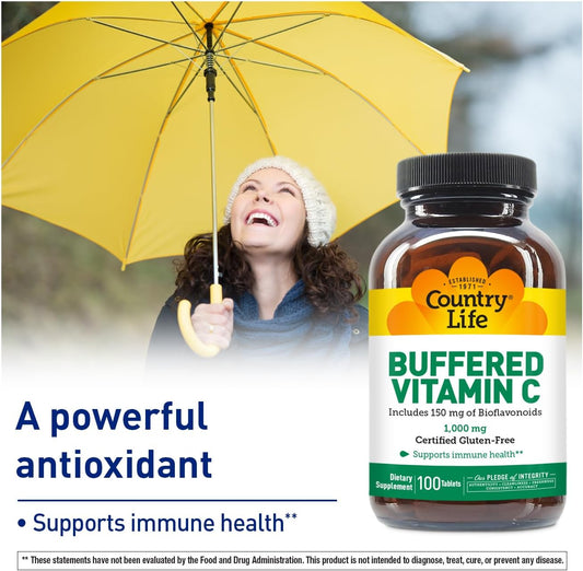 Country Life Buffered Vitamin C 1000Mg With Bioflavonoids, Calcium, Magnesium, Potassium - Immune Support, Vegan Capsules, Gluten-Free, Gentle On Stomach - 100 Tablets