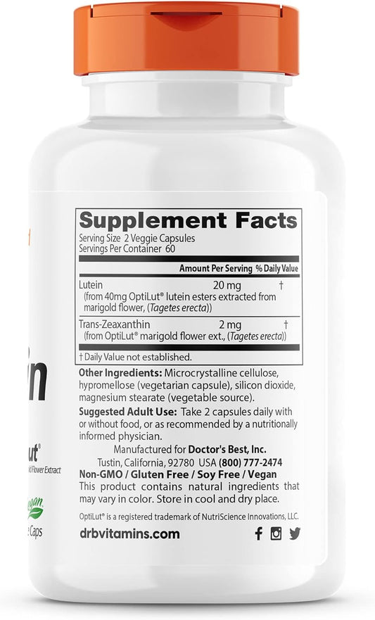 Doctor's Best Lutein with OptiLut Non-GMO, Vegan, Gluten Free, Soy Free, Eye Health, 20 mg, 120 Veggie Caps