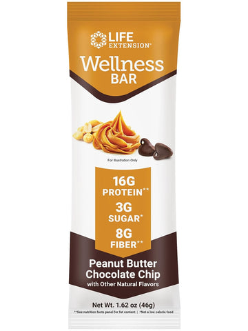 Life Extension Wellness Bar (Peanut Butter Chocolate Chip) – 16 G Of Protein, 8 G Of Fiber, 3 G Of Sugar – Cacao Chocolate Chips, Whey Protein Isolate Blend – Snack Bars, Gluten-Free – Individually Wrapped, 6 Bars