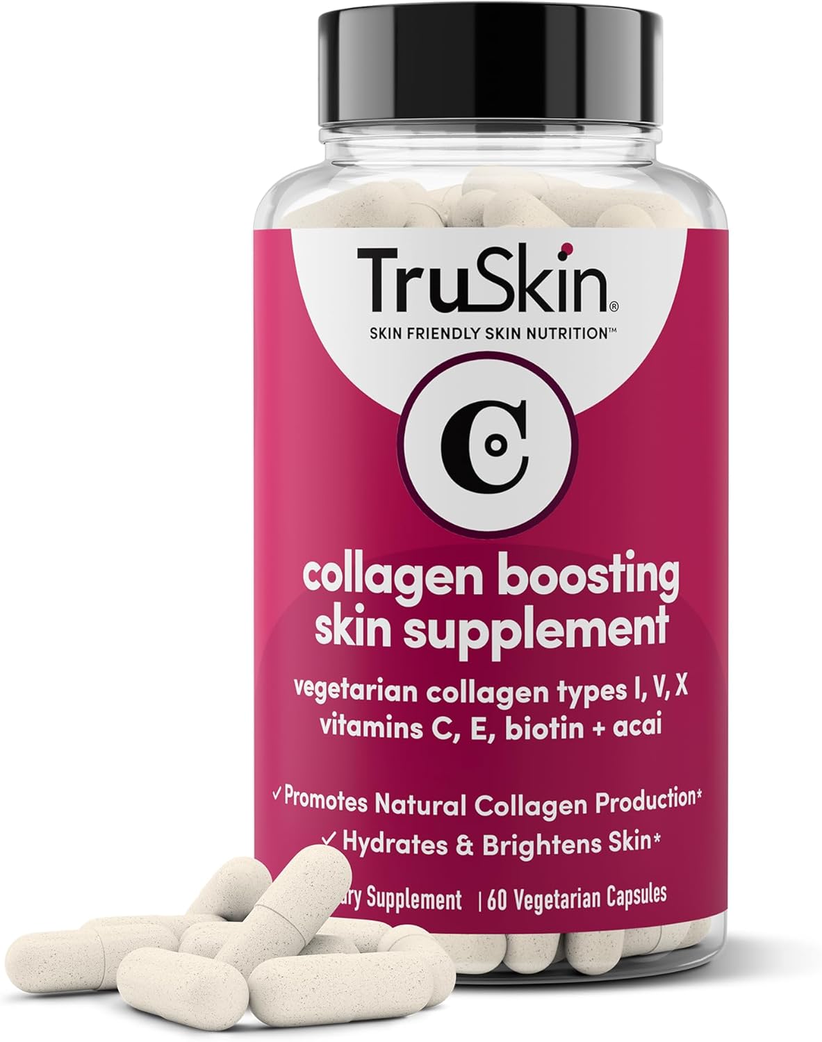 Truskin Collagen Supplements – Vegetarian-Friendly Multi Collagen For Skin With Biotin, Vitamin C & Acai Superfood Complex – Support Natural Collagen Production, Hydrate & Brighten Skin, 60 Capsules