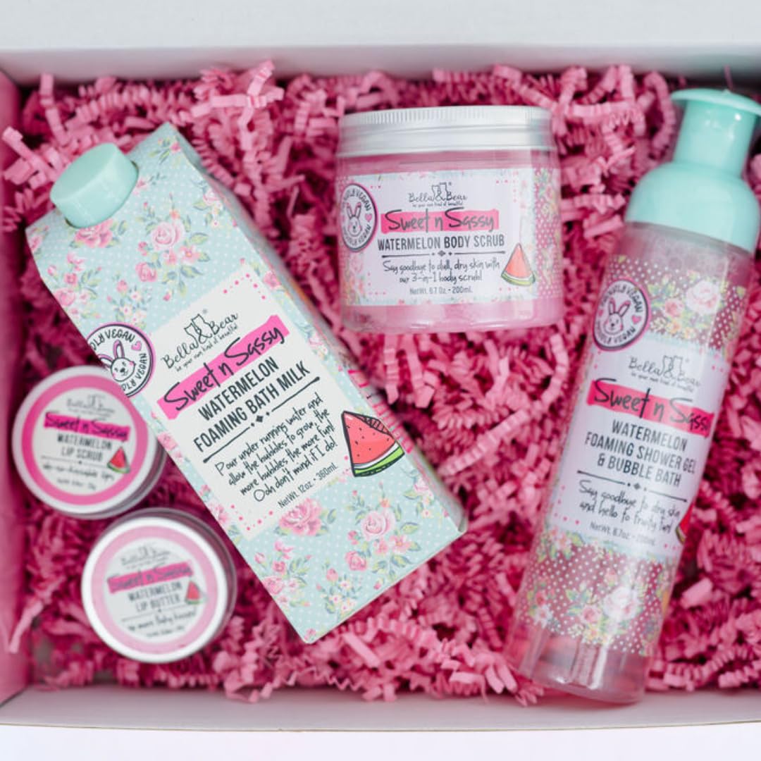 Bella & Bear Sweet 'N' Sassy Watermelon Mega Bath & Body Gift Set With Foaming Shower Gel & Bubble Bath, Bath Milk, Body Scrub & Lip Scrub And Lip Butter Great Gifts For Women : Beauty & Personal Care