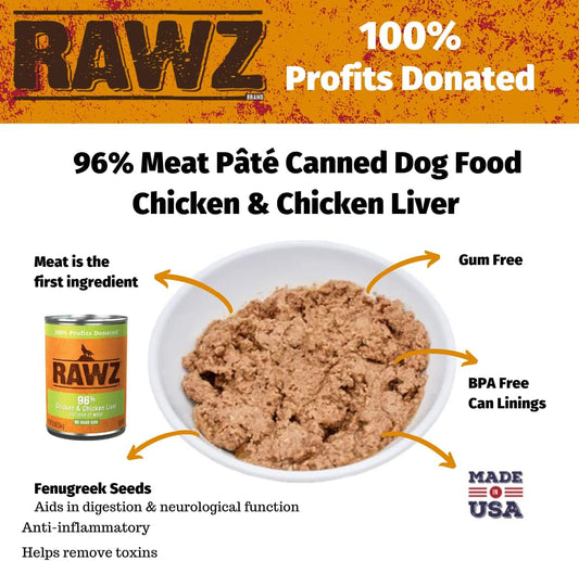 Rawz 96% Meat Canned Wet Food For Dogs 12 Pack/ 12.5 Oz. Cans (Chicken/Chicken Liver)