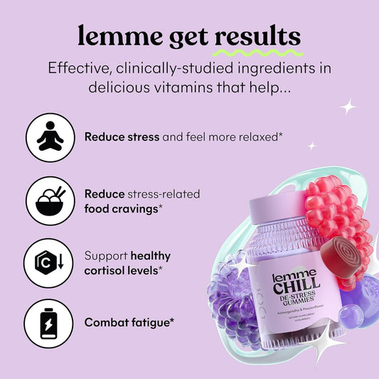 Lemme Chill Stress Relief Gummies with 300mg KSM-66 Ashwagandha, Lemon Balm, Passionflower & Goji to Support Relaxation, Healthy Cortisol & Sleep - Vegan, Gluten-Free, Non-GMO, Mixed Berry (60 Count)