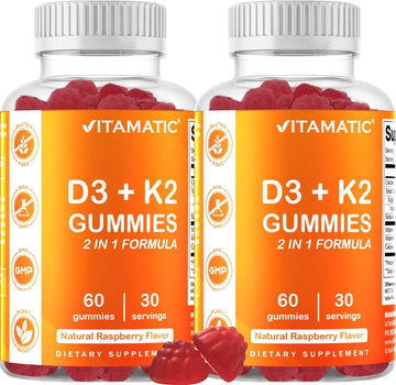 Vitamatic 2 Pack Vitamin D3 K2 Gummies - 60 Count - Supports Healthy Bone, Heart & Calcium Absorption, & Immune Health - Plant Based, Non-GMO, Gluten Free