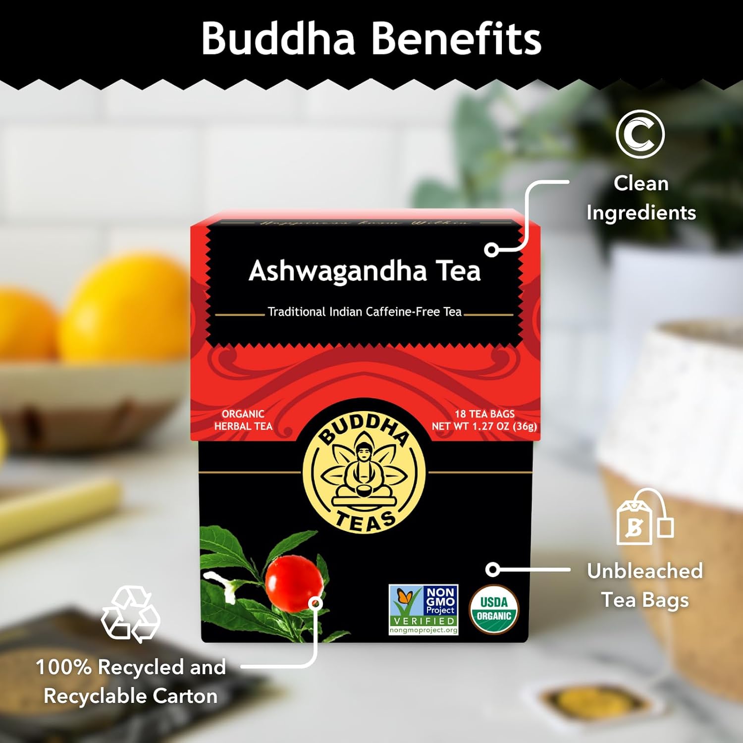 Buddha Teas - Organic Ashwagandha Root Tea - Herbal Tea - For Health & Wellbeing - With Antioxidants & Minerals - Clean Ingredients - Caffeine Free - Ou Kosher & Non-Gmo - 18 Tea Bags (Pack Of 1)