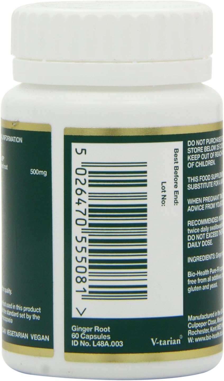 Bio-Health Ginger Root Herbal Food Supplement for Better Digestion and General Health, Relief for Nausea and Sickness, Suitable for Vegan and Vegetarians, Additive Free, 60 Capsules : Amazon.co.uk: Health & Personal Care