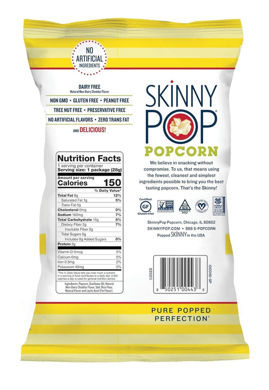 Skinnypop Popcorn, Gluten Free, Non-Gmo, Healthy Snacks, Skinny Pop Dairy Free White Cheddar Popcorn, 1Oz Individual Size Snack Bags (12 Count)