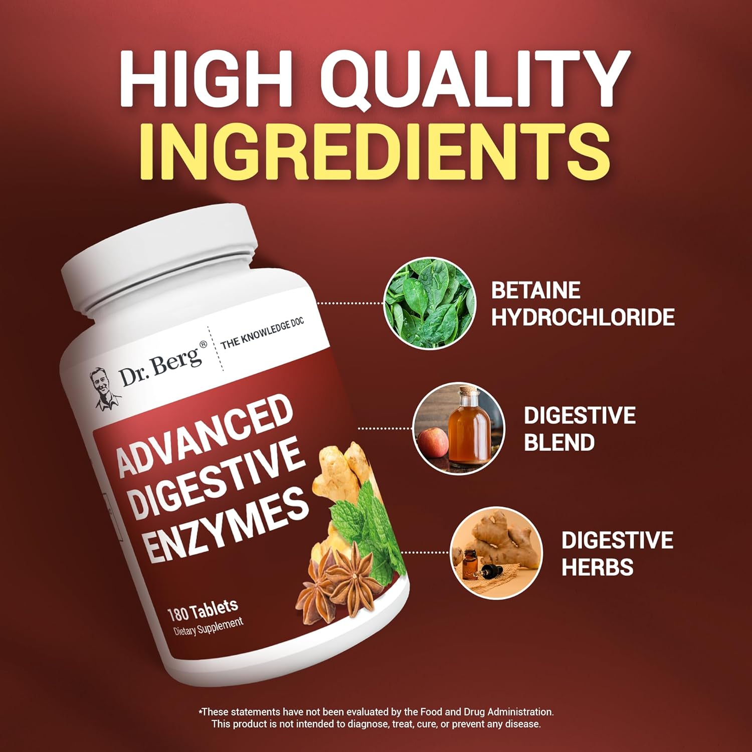 Dr. Berg Advanced Digestive Enzymes with Apple Cider Vinegar - Includes Digestive Health Ingredients Like Betaine Hydrochloride (HCI), Ginger Root & Peppermint Leaf - 180 Tablets : Health & Household