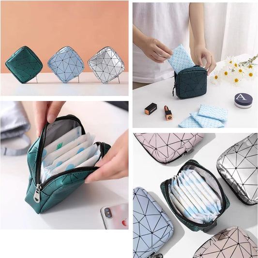 Sanitary Napkin Storage Bag,Cosmetic Storage Bag, Travel Storage Bag, Waterproof Portable Bag,Fashion Geometric Pattern Multifunctional Carry Bag(Green)