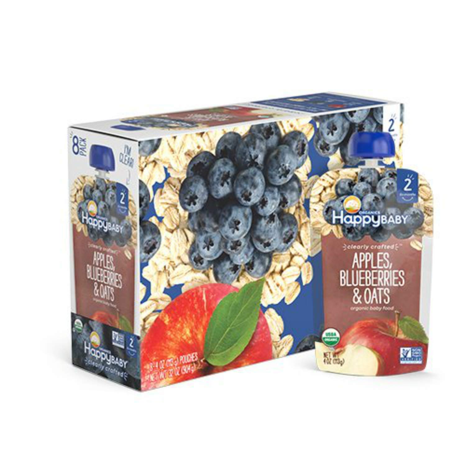 Happy Baby Organics Clearly Crafted Stage 2 Baby Food, Apples, Blueberries and Oats, 4 Ounce (8 Count) : Everything Else