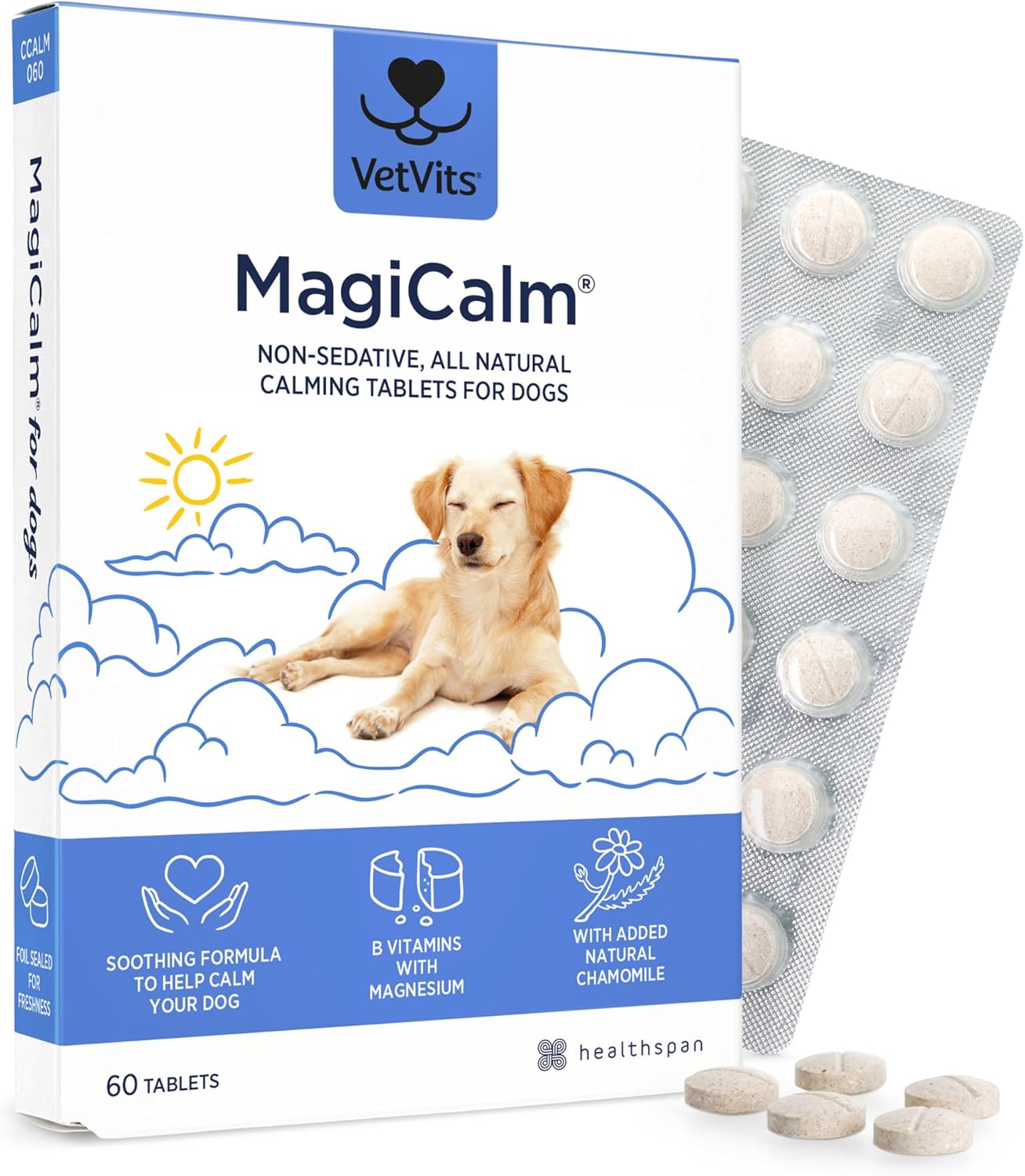 Vetvits By Healthspan Magicalm For Dogs (60 Tablets) | For Naturally Calmer & Less Anxious Dogs | Gentle, Soothing Formulation | Magnesium, Chamomile & B Vitamins | Tasty Beef Flavoured (60 Tablets)