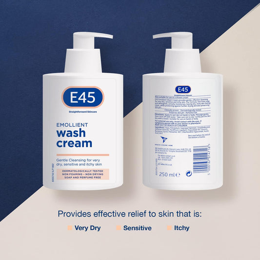 E45 Cream Body Wash 250 ml - Dermatological Emollient Wash Cream - Soap Free Emollient Cream Body Wash for Women & Men - Gentle Shower Cream to Clean & Relieve Dry, Itchy & Irritated Eczema Prone Skin