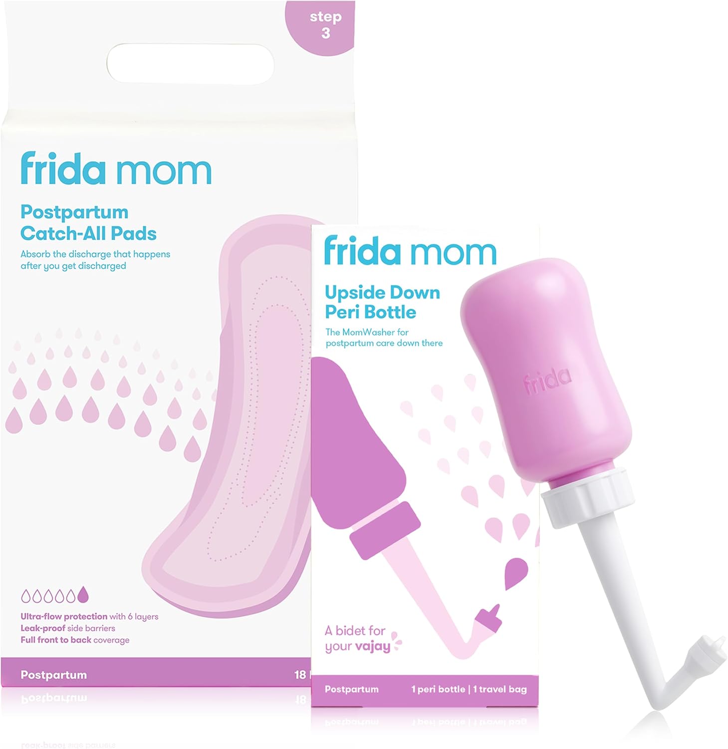 Bundle Of Frida Mom Upside Down Peri Bottle + Postpartum Maternity Catch-All Pads For Postpartum Care And Perineal Recovery After Birth