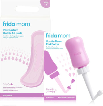 Bundle Of Frida Mom Upside Down Peri Bottle + Postpartum Maternity Catch-All Pads For Postpartum Care And Perineal Recovery After Birth