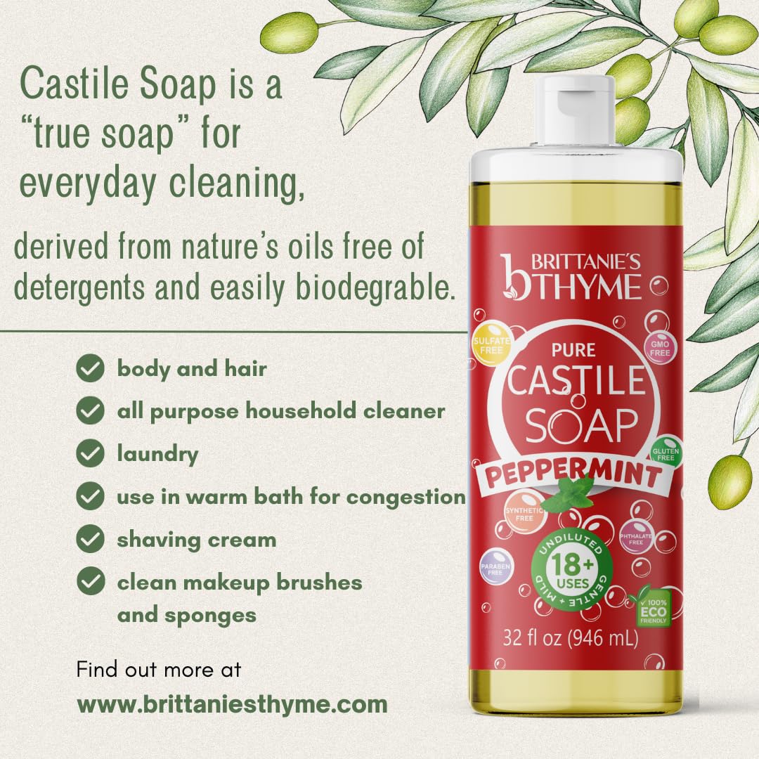 Brittanie’S Pure Castile Liquid Soap Refill, Peppermint, 32 Ounce | Dish Soap, Hair & Body, Home, Gentle And Pure, Made With Natural Luxurious Oils, Vegan & Gluten Free Non-Gmo : Beauty & Personal Care
