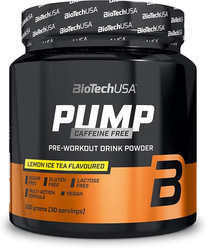 Biotechusa Pump Caffeine Free | Energy, Focus & Immune Support | 19 Active Ingredients | Pre-Workout Drink Powder, 330 G, Lemon Ice Tea