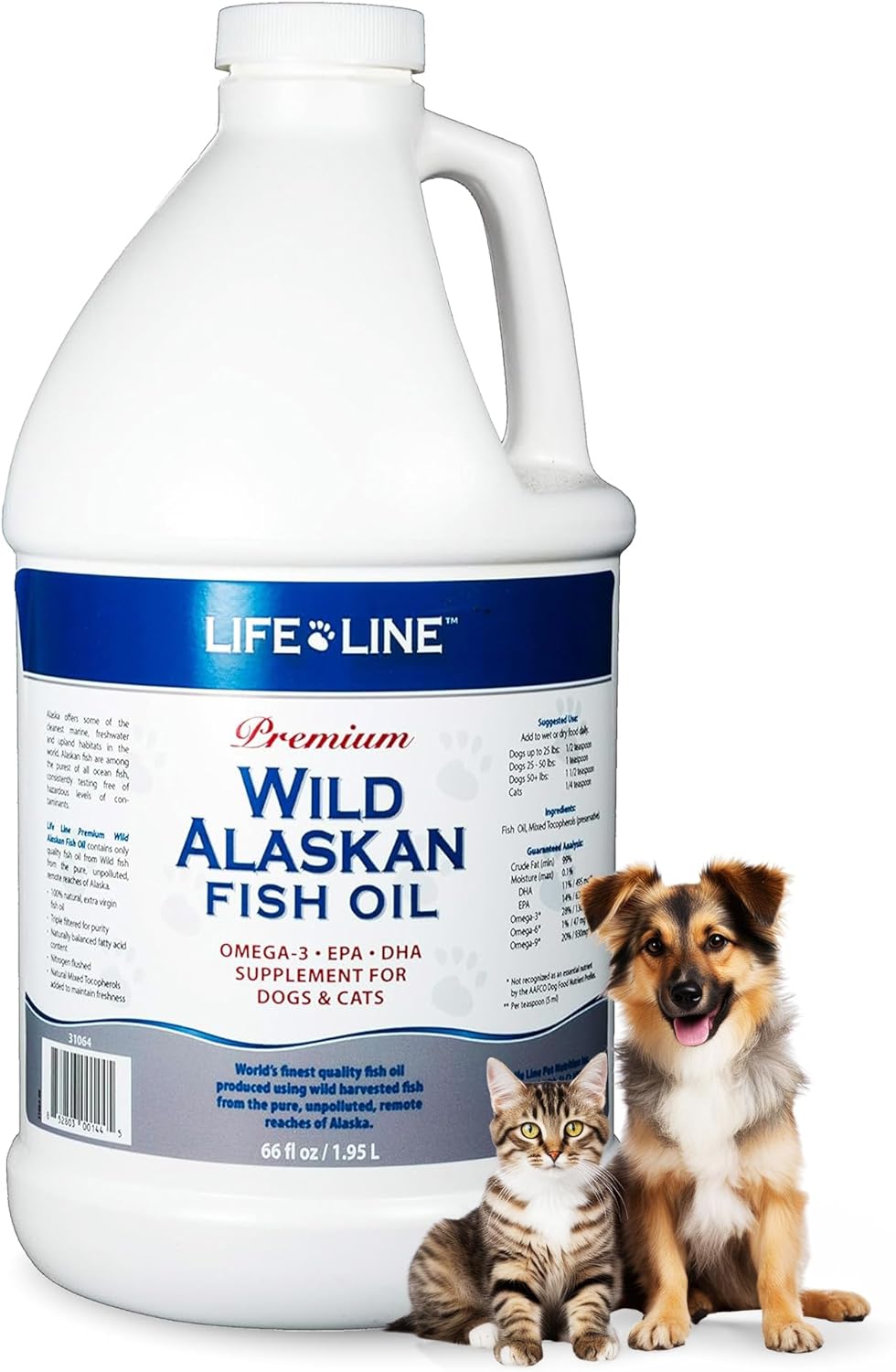 Life Line Pet Nutrition Wild Alaskan Fish Oil Omega-3 Supplement for Skin & Coat – Supports Brain, Eye & Heart Health in Dogs & Cats, 66oz