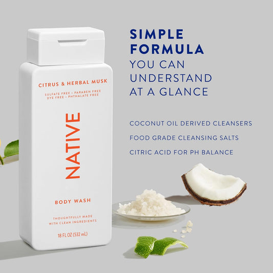 Native Body Wash Contains Naturally Derived Ingredients | For Women & Men, Sulfate, Paraben, & Dye Free Leaving Skin Soft And Hydrated | Citrus & Herbal Musk 18 Oz - 2 Pk
