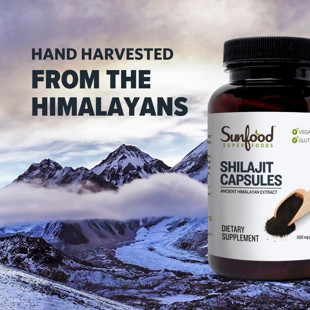 Sunfood Superfoods Shilajit Capsules - Pure Shilajit Resin For Women & Men, Ancient Himalayan Extract With Fulvic Acid, Minerals, Shilajit Powder Pills - 90 Capsules
