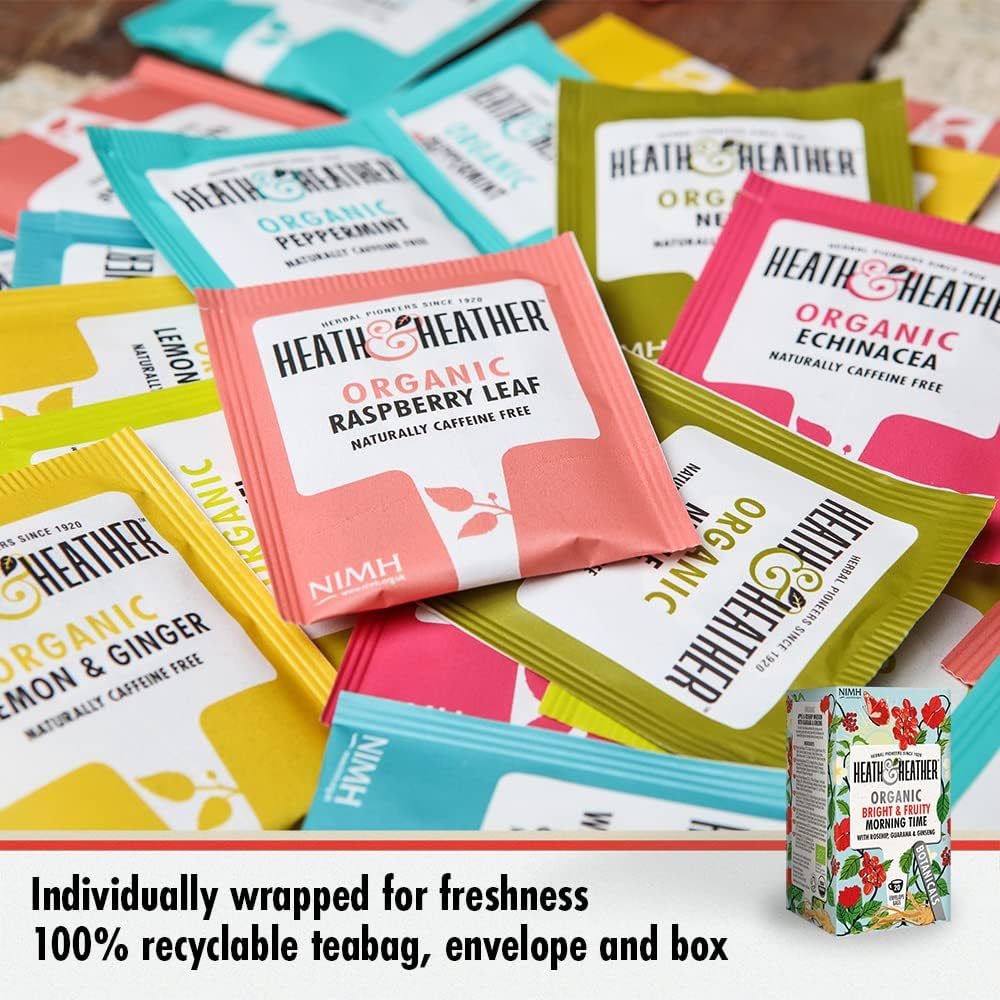 Heath & Heather Organic Morning Time Tea Bags | Individually Wrapped Herbal Tea Infusions with Ginseng, Guarana, Rosehip, Spearmint & Lemongrass | 6 Packs of 20, Total 120 Teabags : Amazon.co.uk: Grocery
