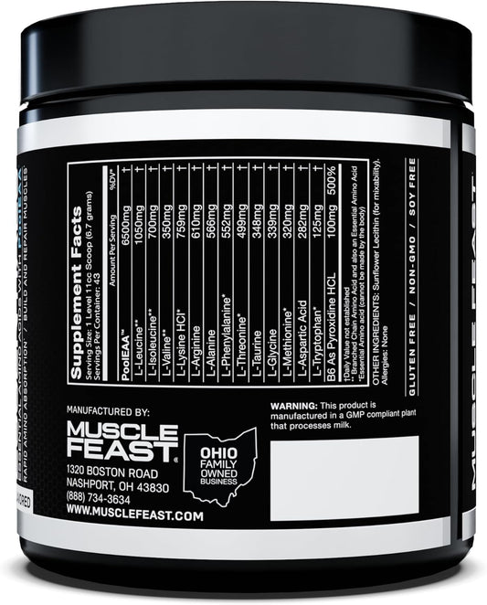 Muscle Feast Vegan Essential Amino Acid Powder Post Workout Recovery And Intra-Training Drink, Unflavored, 300G