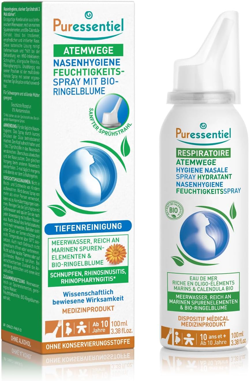 Puressentiel Respiratory Nasal Hygiene Hydrating Spray - Cleanses The Nasal Cavities - Isotonic Solution - Ideal For Dry, Sensitive And Irritated Noses - Sea Water & Organic Calendula - 100% Natural