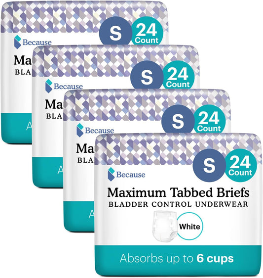 Because Adult Incontinence Tabbed Briefs For Women And Men - Adjustable Unisex Maximum Disposable Underwear, Anti Odor - White, Small - Holds 6 Cups - 96 Count (4 Packs Of 24)