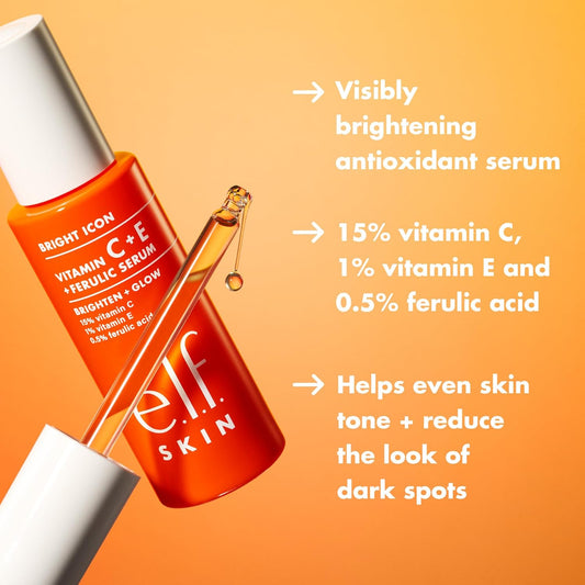 E.L.F. Skin Bright Icon Vitamin C + E + Ferulic Serum Mini, Brightening & Soothing Face Serum, Helps Even Skin Tone, Vegan & Cruelty-Free, 0.5 Fl Oz