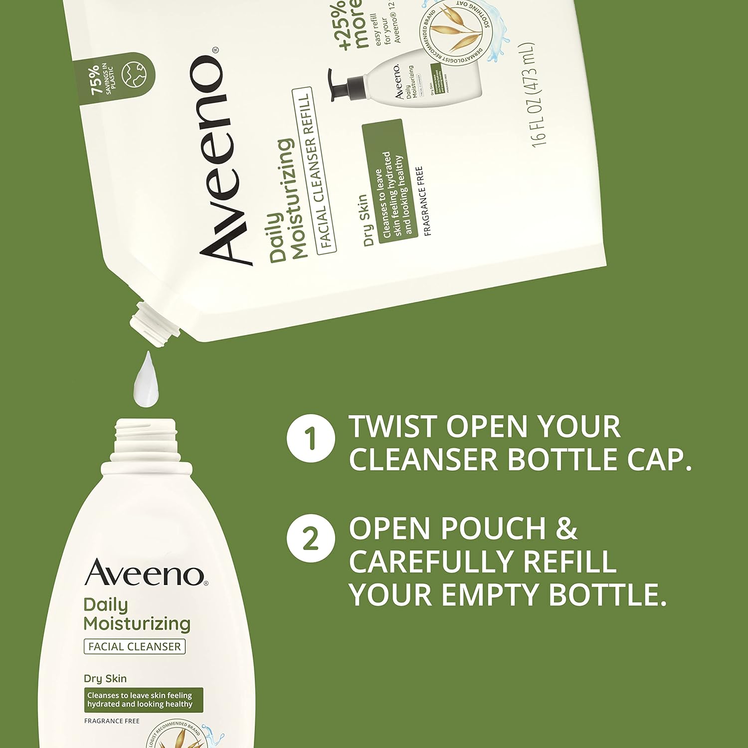 Aveeno Daily Moisturizing Facial Cleanser with Soothing Non-GMO Oat, Leaves Skin Feeling Hydrated, Soft & Supple, Paraben-, Sulfate-, Fragrance-, Dye- & Soap-Free, Refill Pouch, 16 fl. oz