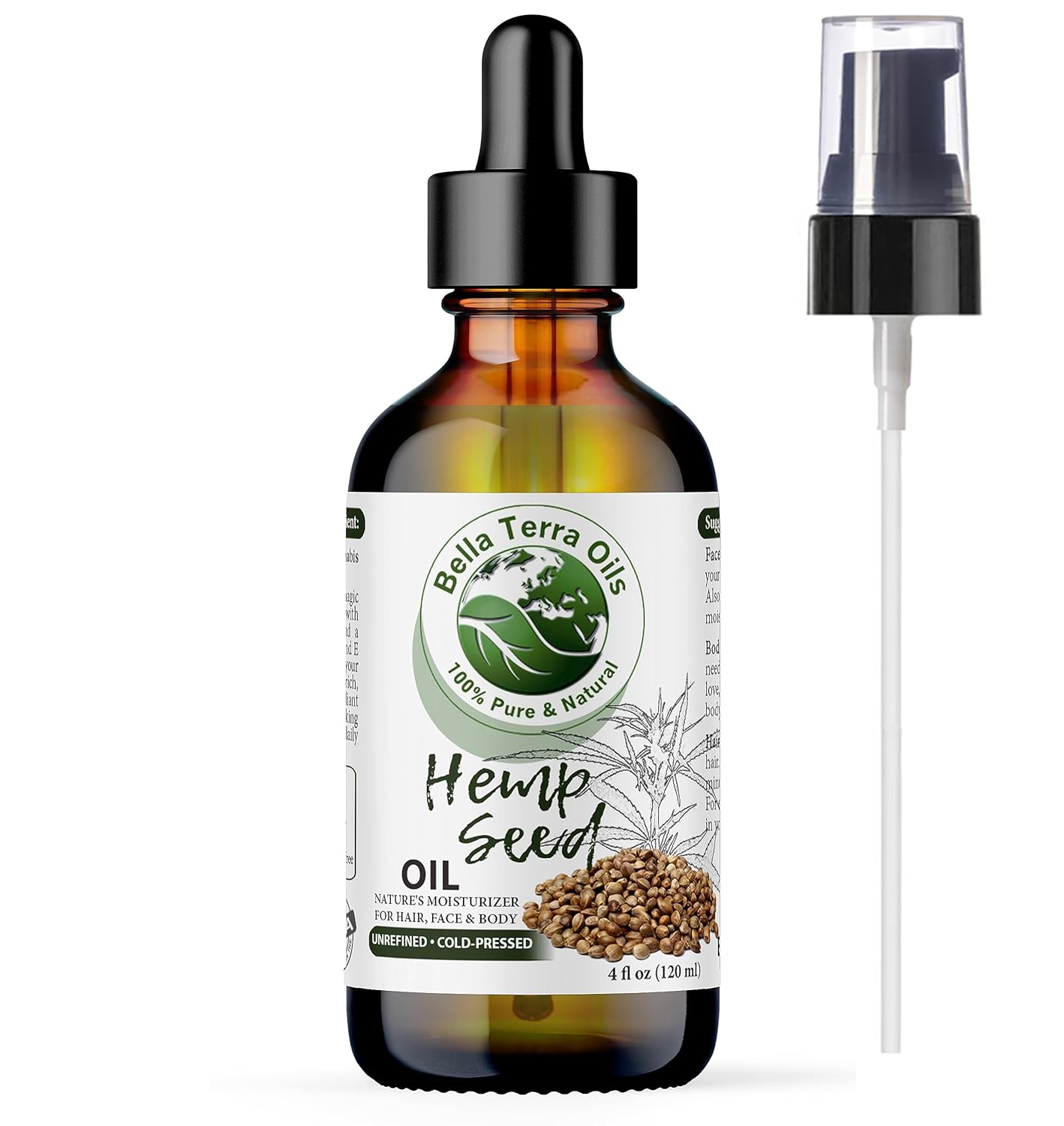 Bella Terra Oils - Hemp Seed Oil 4oz - Unleashing the Power of Cold-Pressed Hemp Nutrition, Vitamin B1 & B2, Elevate Your Beauty Routine with Nature’s Best