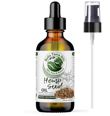 Bella Terra Oils - Hemp Seed Oil 4oz - Unleashing the Power of Cold-Pressed Hemp Nutrition, Vitamin B1 & B2, Elevate Your Beauty Routine with Nature’s Best