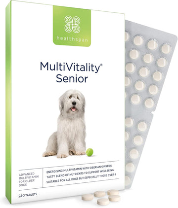 Healthspan Multivitamin Senior For Dogs | 240 Tablets | 15 Essential Vitamins & Minerals | Siberian Ginseng | B Vitamins | Zinc | Copper | Biotin | Beef Flavoured | Pet Health