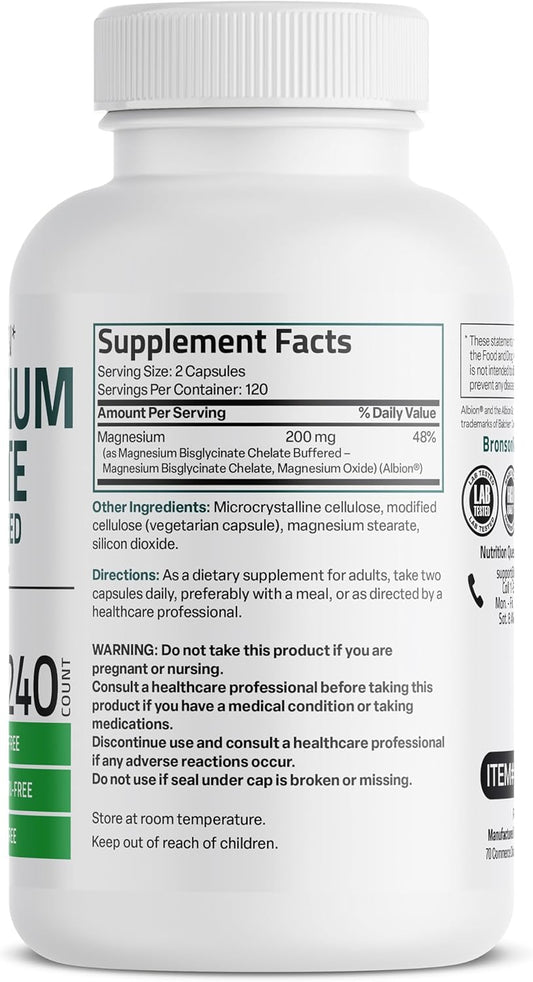 Bronson Magnesium Glycinate 200 Mg Per Serving Chelated For High Absorption, Gentle On Stomach, Non-Gmo, 240 Vegetarian Capsules