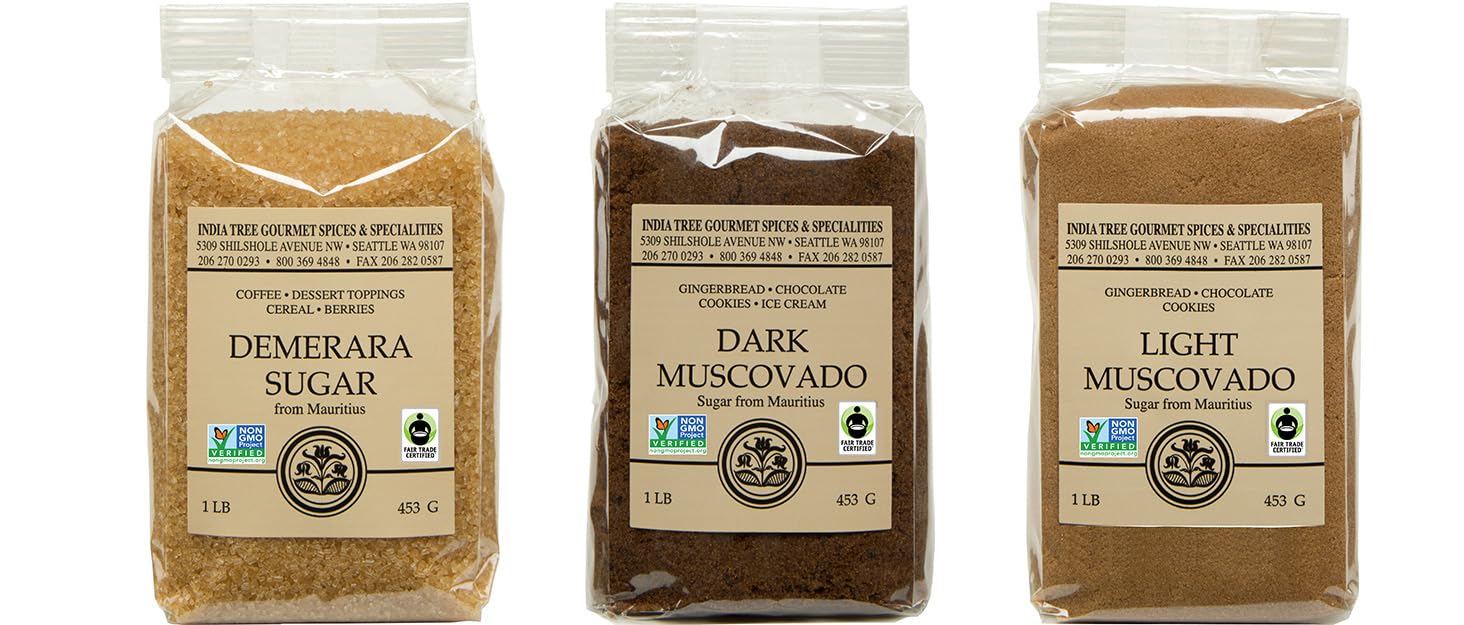 India Tree Mauritius Sugars Chef'S Pack - Demerara, Dark Muscovado, And Light Muscovado - 3 Pounds Total