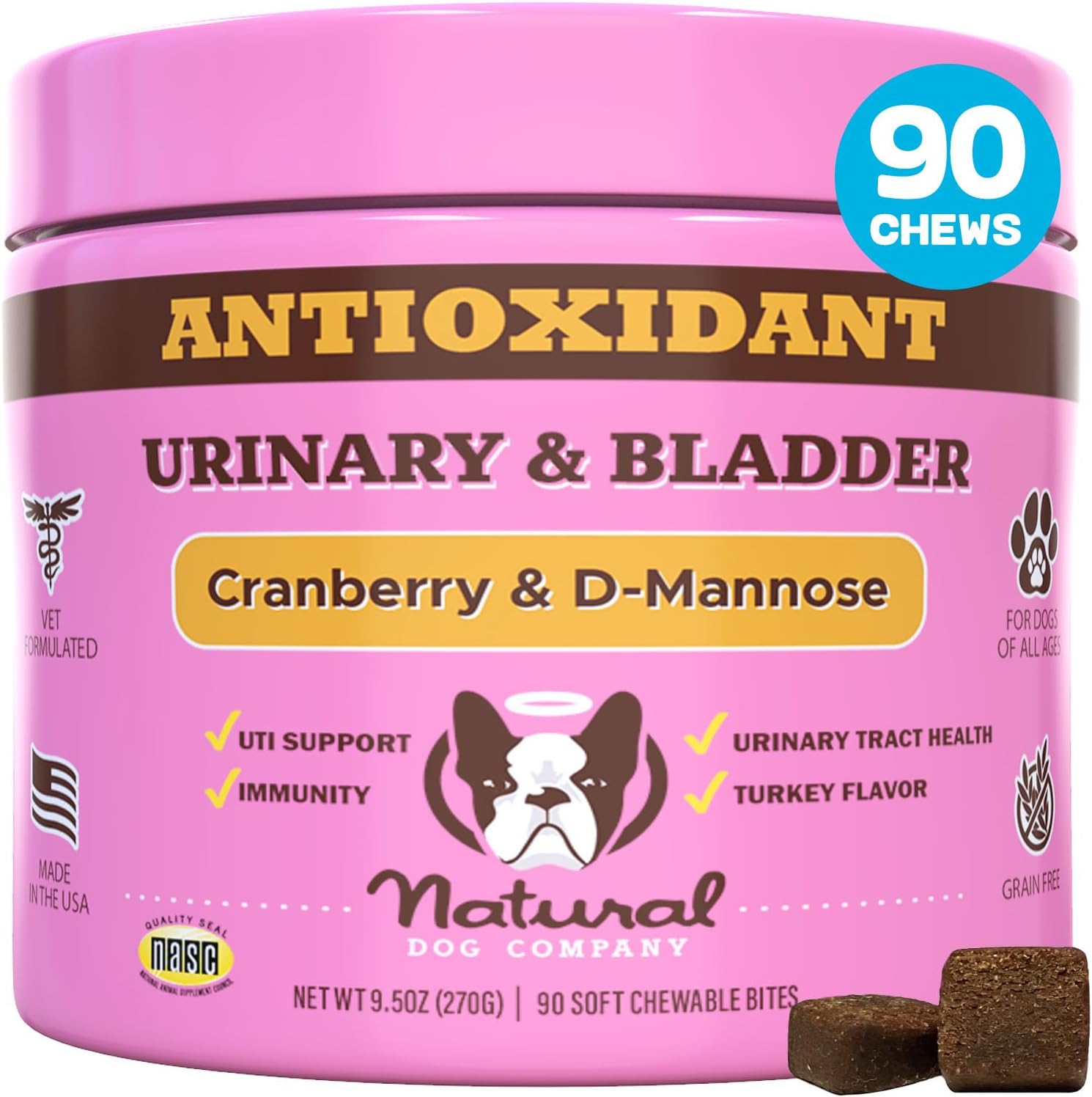 Natural Dog Company Cranberry Supplement for Dogs - Urinary & Bladder Support for Dogs - D-Mannose for Dogs Promotes Bladder Health - Turkey Flavor - Dog UTI Incontinence Supplement - 90 Soft Chews