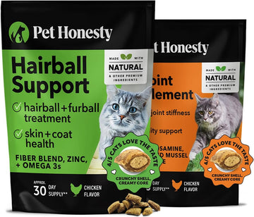Pethonesty Cat Hairball Support + Cat Hip & Joint Support Dual Texture Chew Supplement Bundle - Cat Hairball Solution, Supports Skin & Coat And Digestion, Glucosamine Joint Support Supplement, Hip Sup