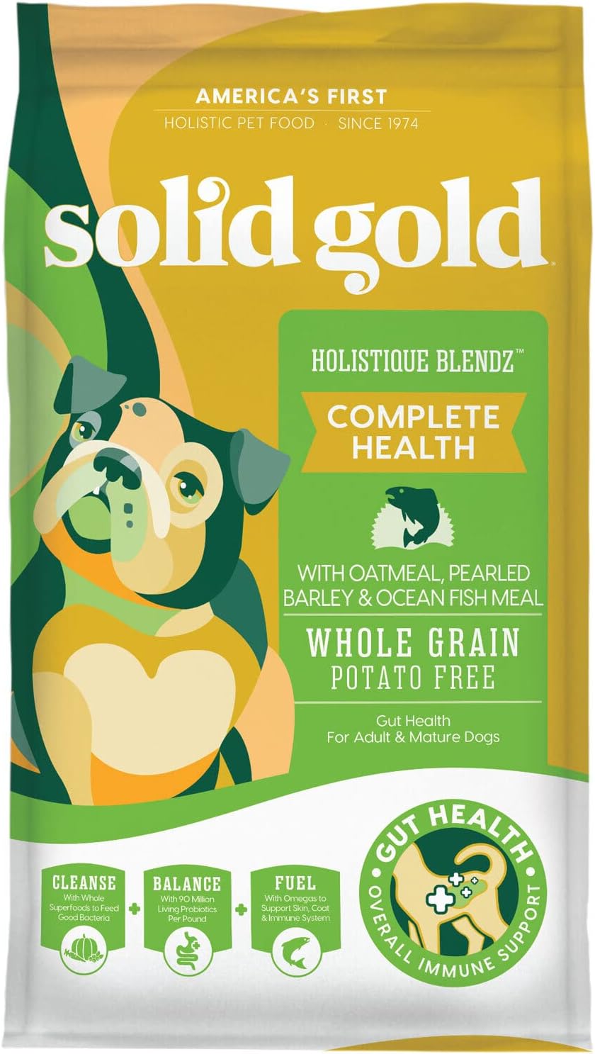 Solid Gold Dry Dog Food for Adult & Senior Dogs - Made with Oatmeal, Pearled Barley, and Fish Meal - Holistique Blendz Potato Free High Fiber Dog Food for Sensitive Stomach & Immune Support - 4 LB