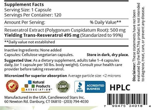 Mega Resveratrol, Pharmaceutical Grade,99% Pure, Isolate, Micronized Trans-Resveratrol, 120 Veggie Caps, 500Mg Per Capsule. Purity Certified. Absolutely No Toxic “Inactive” Ingredients Added