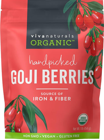 Viva Naturals Organic Dried Goji Berries, 16 oz (1 lb) Non-GMO and Vegan Wolfberries, Perfect for Baking, Smoothies, Teas and Snacks, Goji Berries Organic