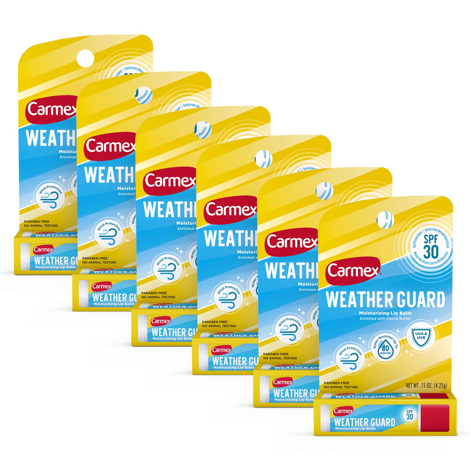 Carmex Weather Guard Moisturizing Lip Balm Stick, Spf 30 Sunscreen Broad Spectrum, 6 Count (6 Packs Of 1)