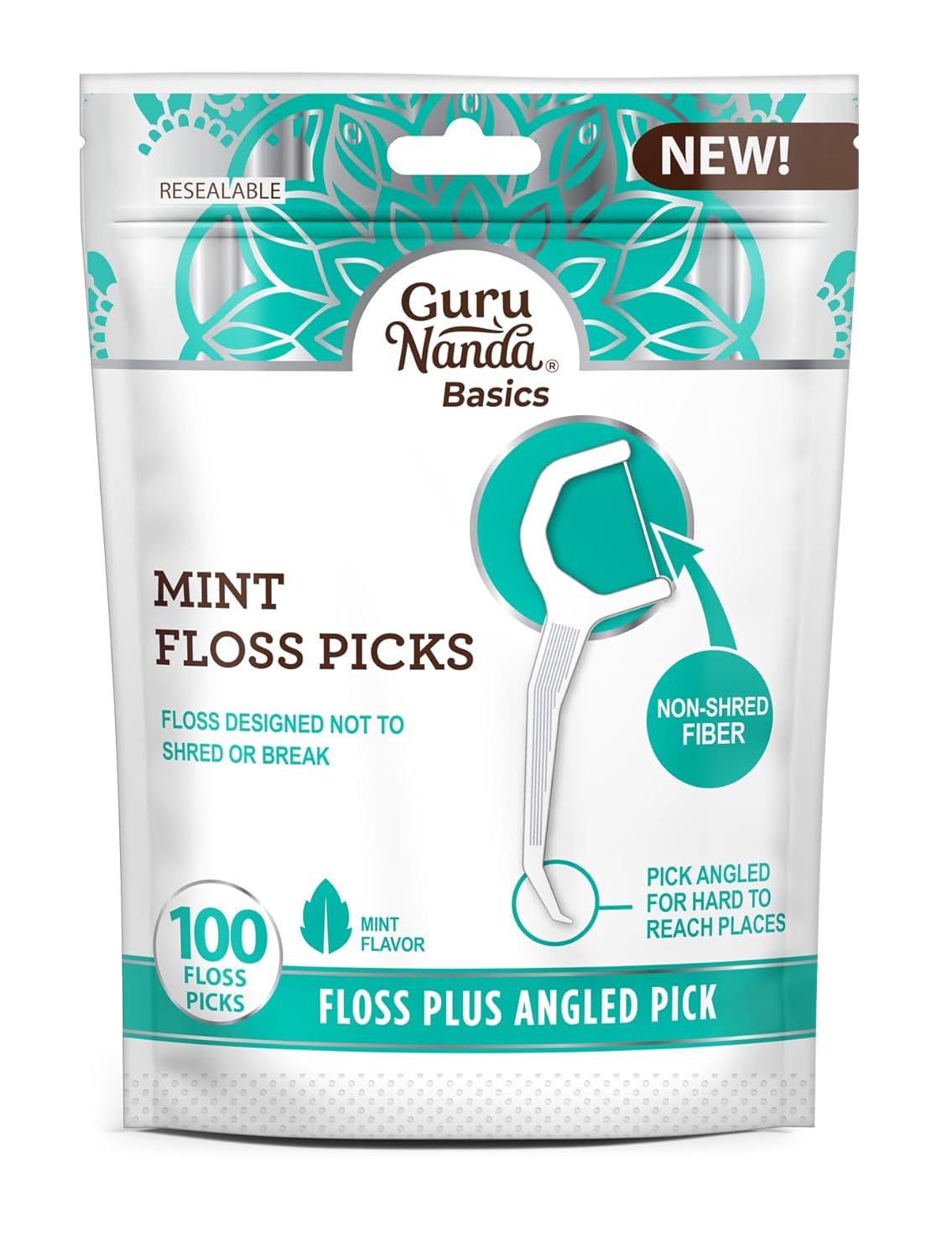 Gurunanda Dental Mint Floss Picks - Non- Shred Thread With Angled Pick For Effective Plaque Removal - Dentist Recommened - Travel Friendly For Adults & Kids - 100 Pack